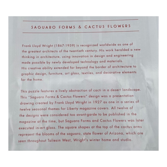 Frank Lloyd Wright Gold Foil Puzzle Saguaro Forms Cactus Flowers 1000 Pieces - Picture 5 of 7